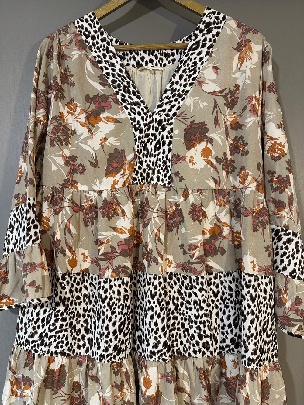 Entro Mixed Print Dress XL Floral & Leopard Ruffle Sleeve Boho Tiered - Picture 5 of 12